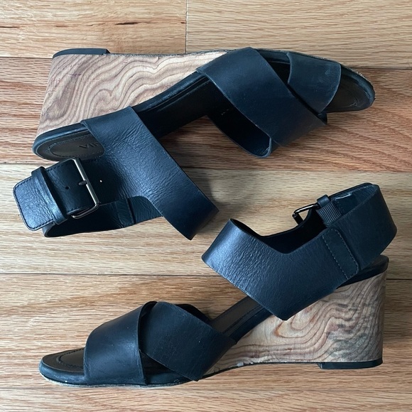 VINCE Black Peep Toe Crossover Gwyn Leather Slingback Wedge Sandals Size 7.5 - Picture 5 of 12